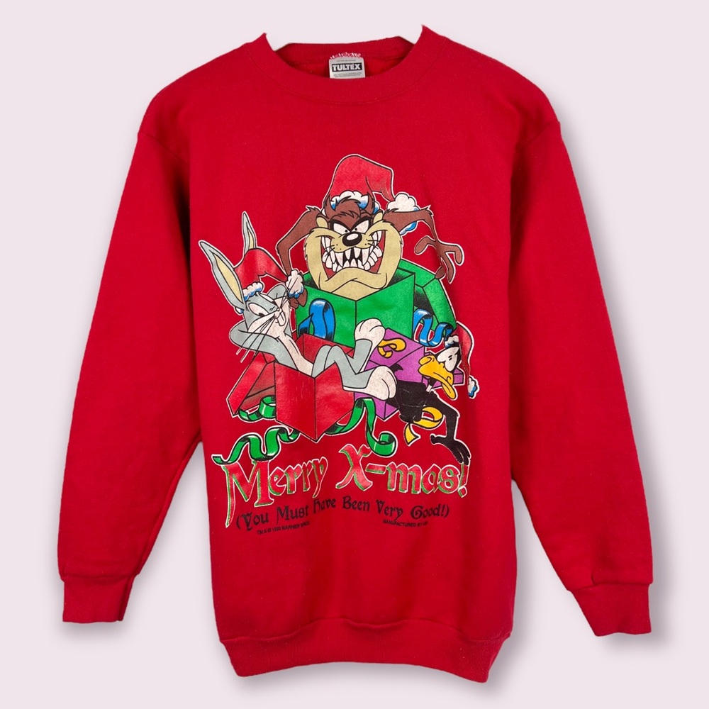 Vintage 1995 Looney Tunes Christmas Sweatshirt Sz L Tultex USA 90s Warner Bros.
